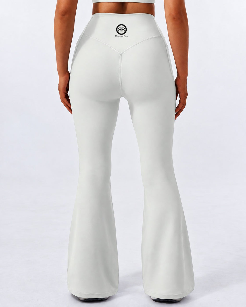 The Standard Flare Legging – Women's in Pearl Grey, back view with RR logo on the waistband