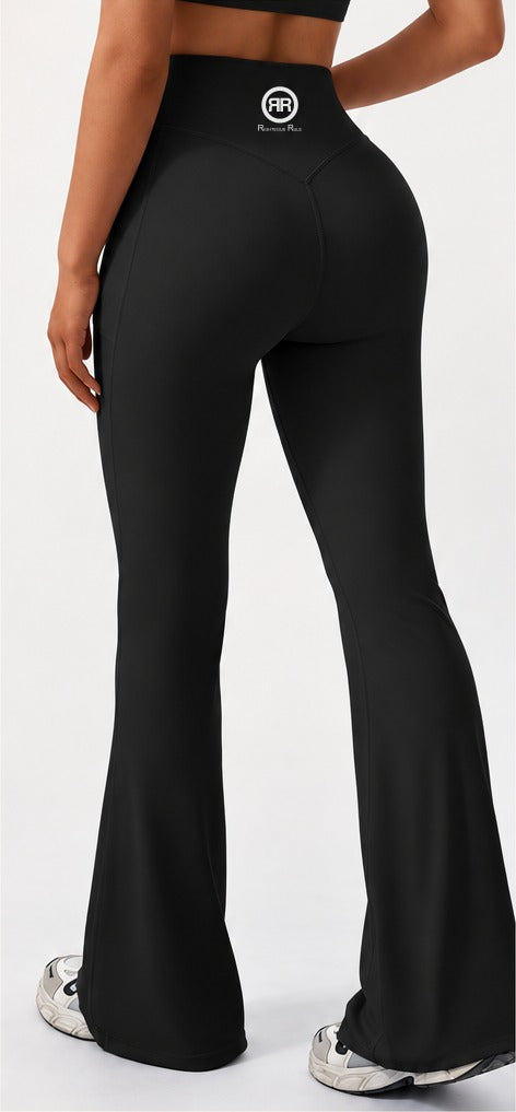 The Standard Flare Legging – Women's in Black, back view with white RR logo on the waistband