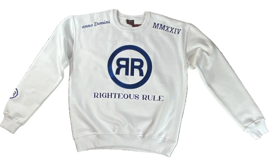 White/Blue 2pc Heavyweight Crewneck Logo Jogger Set - RIGHTEOUS RULE