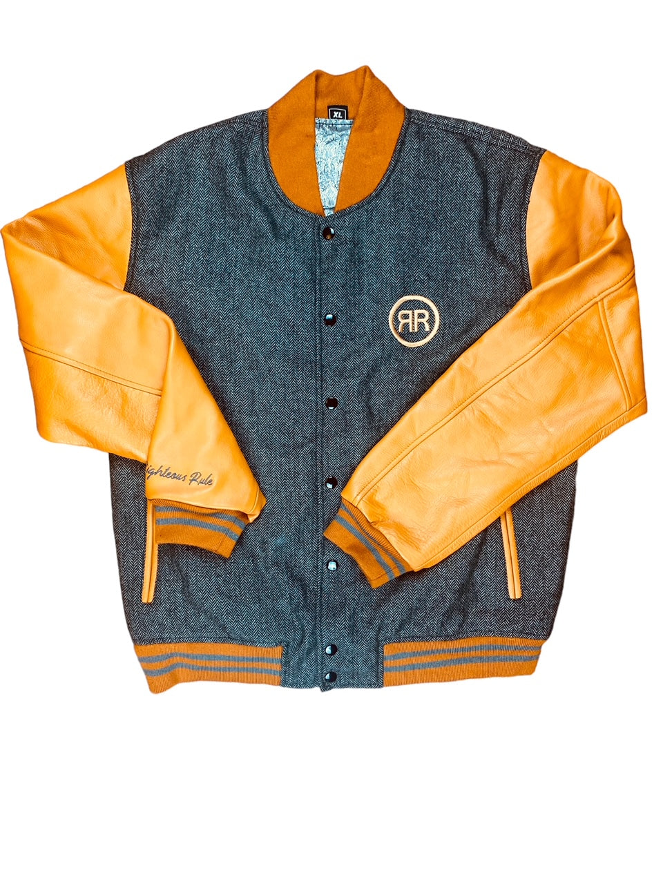 Righteous Rule Varsity Throwback Letterman Style Jacket. Grey/Brown. - RIGHTEOUS RULE