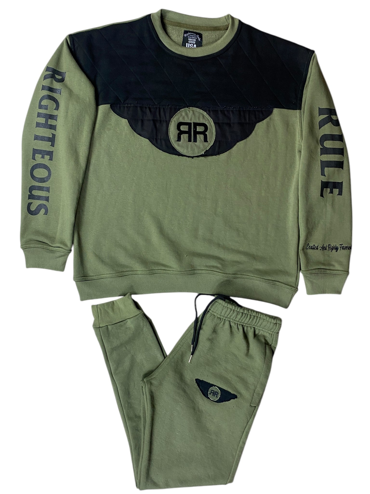 Righteous Rule Holy Wings Olive Green Crewneck Sweatsuit - RIGHTEOUS RULE