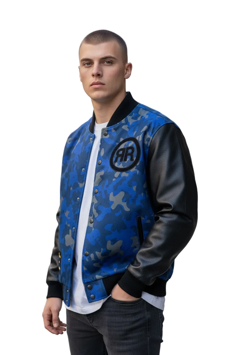 Blue and Black Camouflage Varsity Jacket - RIGHTEOUS RULE
