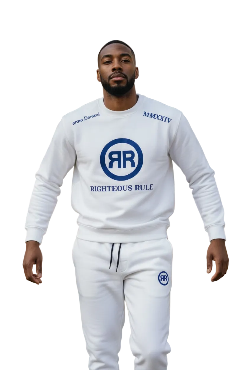 White/Blue Heavyweight Circle Logo Crewneck Sweatsuit - RIGHTEOUS RULE