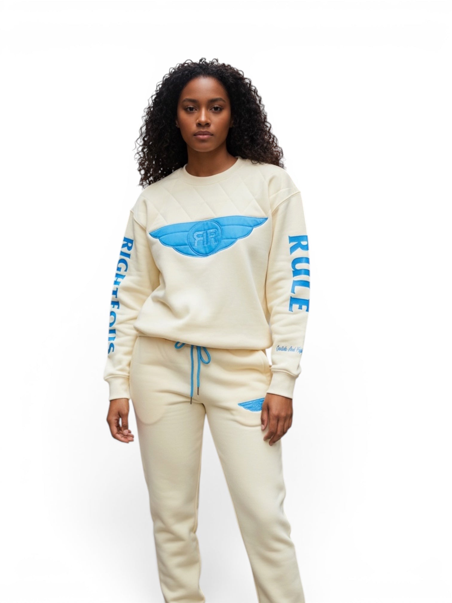 Righteous Rule Holy Wings Cream/Sky Blue Cotton Fleece Crewneck Jogger Set - RIGHTEOUS RULE