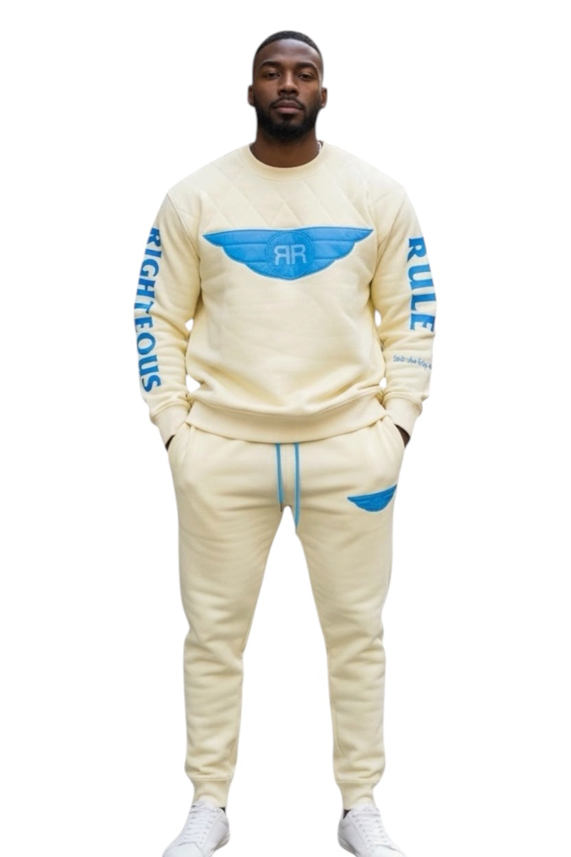 Righteous Rule Holy Wings Cream/Sky Blue Cotton Fleece Crewneck Jogger Set - RIGHTEOUS RULE
