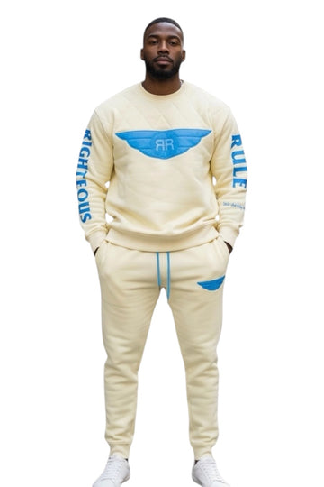 Righteous Rule Holy Wings Cream/Sky Blue Cotton Fleece Crewneck Jogger Set - RIGHTEOUS RULE