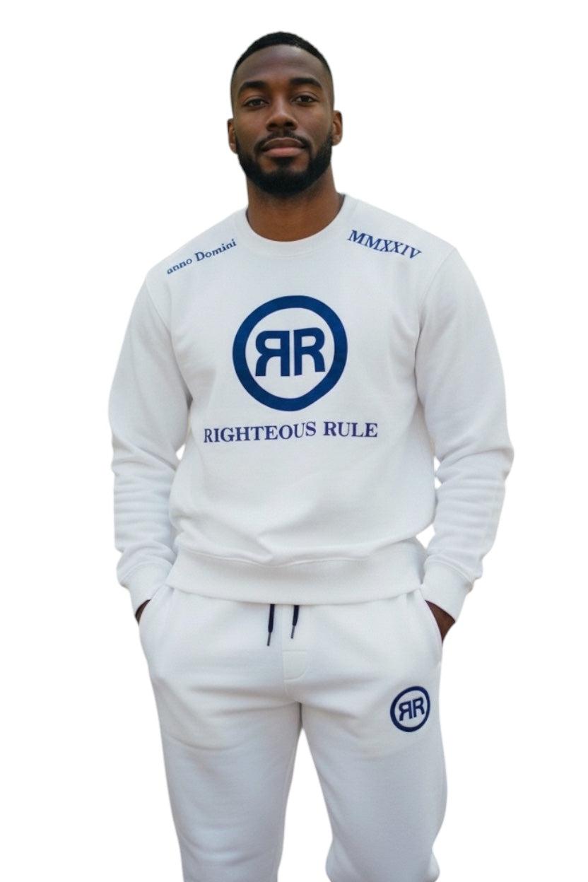 White/Blue 2pc Heavyweight Crewneck Logo Jogger Set - RIGHTEOUS RULE