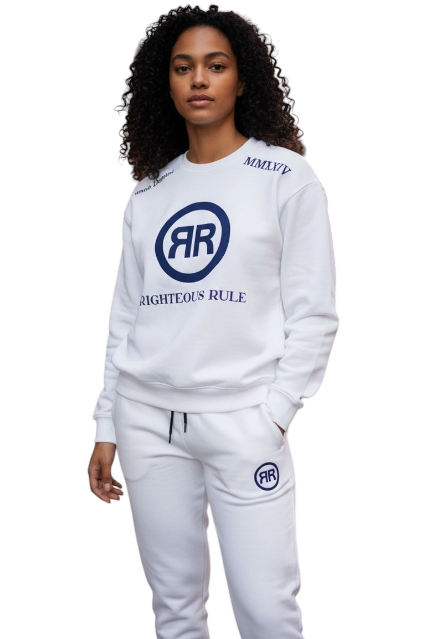 White/Blue 2pc Heavyweight Crewneck Logo Jogger Set - RIGHTEOUS RULE