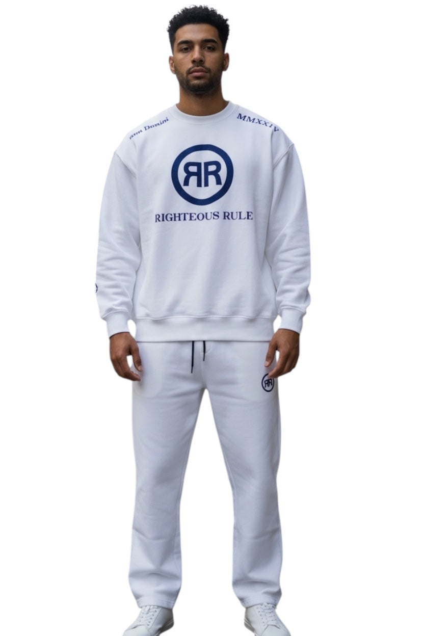 White/Blue Heavyweight Circle Logo Crewneck Sweatsuit - RIGHTEOUS RULE