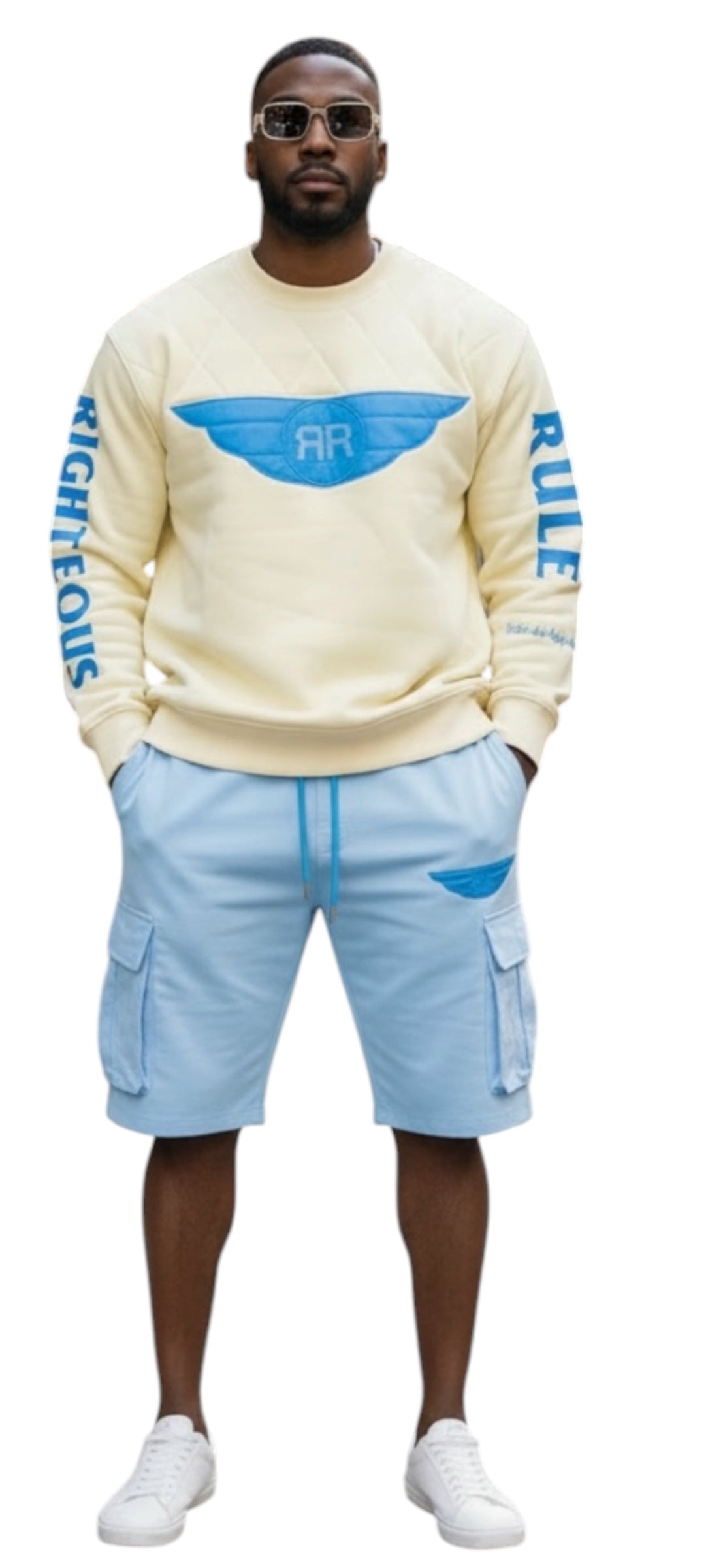 Righteous Rule Holy Wings Cream/Sky Blue Cotton Fleece Crewneck Jogger Set - RIGHTEOUS RULE