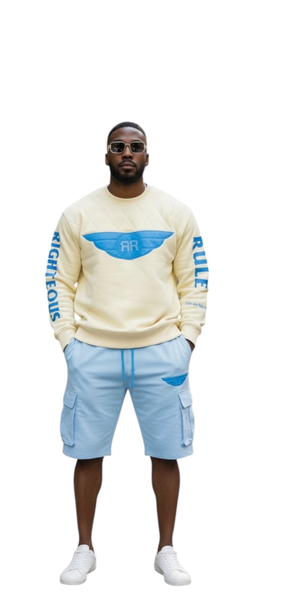 Holy Wings Cotton Fleece Sweatshirt Cream/Sky Blue - RIGHTEOUS RULE