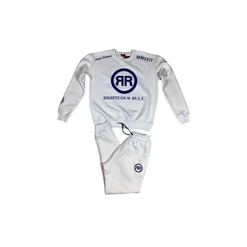 White/Blue Heavyweight Circle Logo Crewneck Sweatsuit - RIGHTEOUS RULE