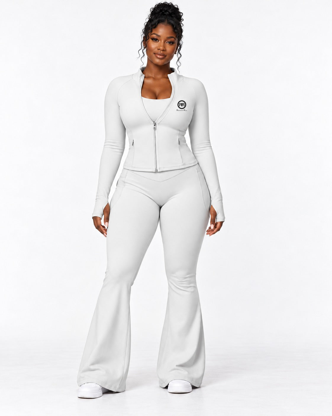 The Standard Jacket and Flare Legging set in Pearl Grey, full-length front view